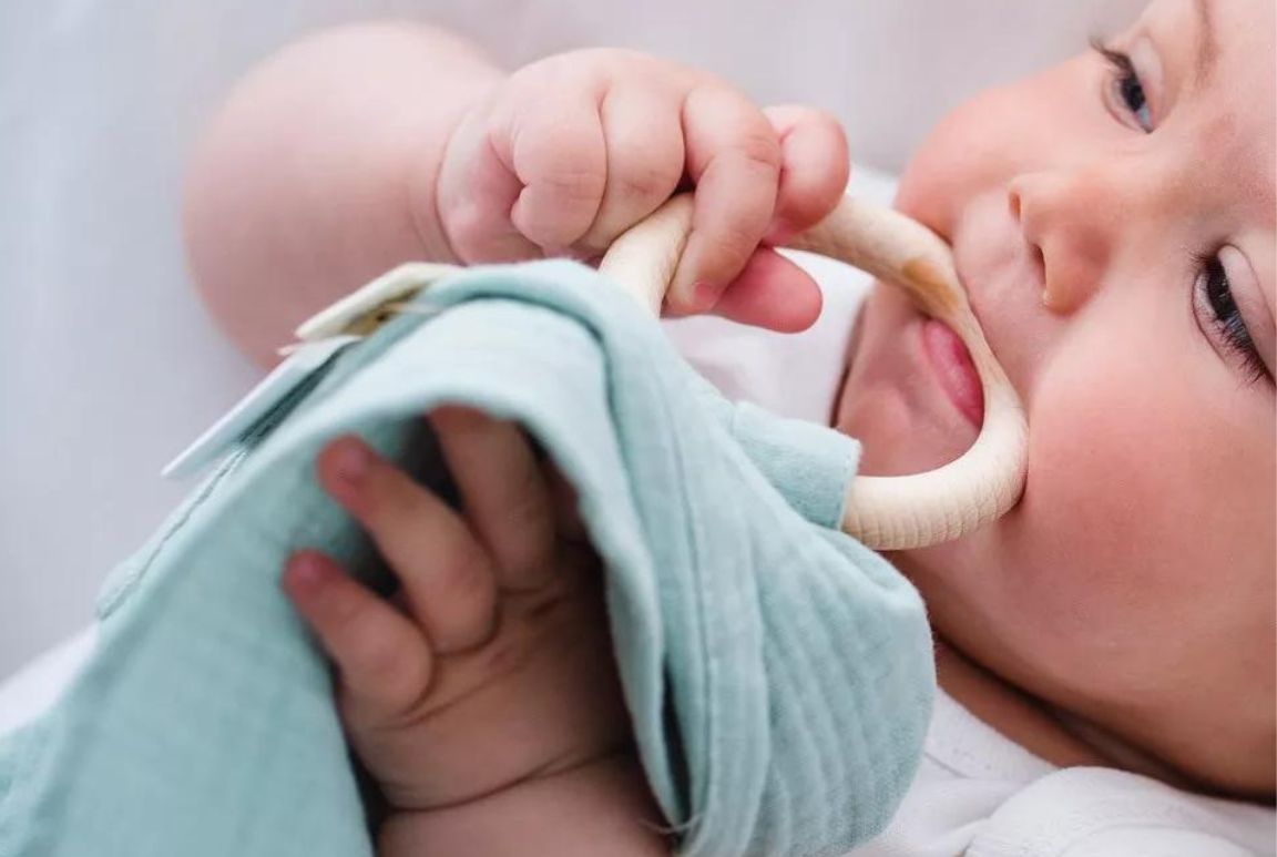 Mousseline bio avec anneau en bois menthe 2